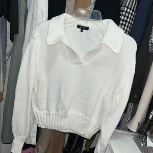 Quince Organic Cotton White Collared Knit Sweater with Blouson Effect